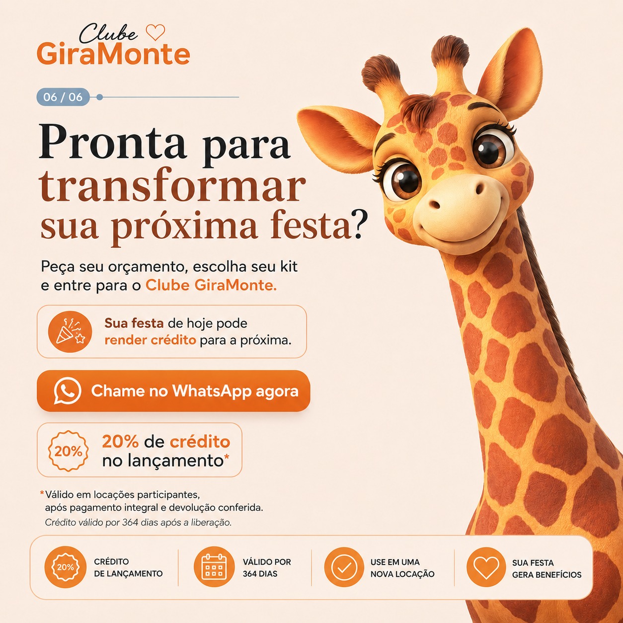 Pronta para transformar sua próxima festa? Peça seu orçamento e entre para o Clube GiraMonte — 20% de crédito no lançamento, válido por 364 dias